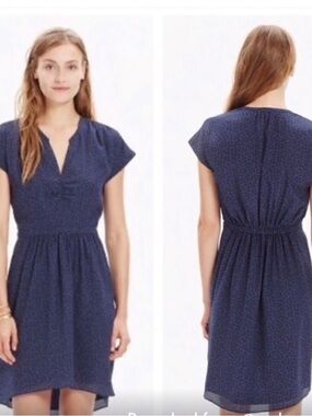 Madewell Navy Leaves Print 100% Silk Smocked Waist Flowy Boho Casual Dress 4
